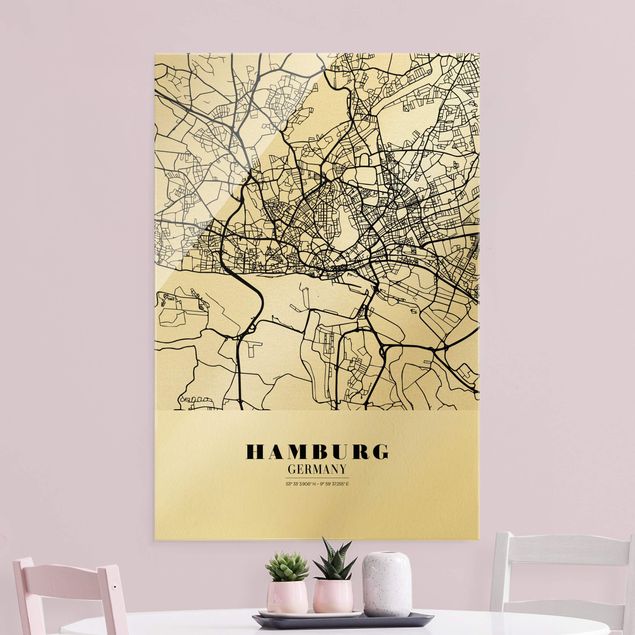 Quadros em vidro em preto e branco Hamburg City Map - Classic