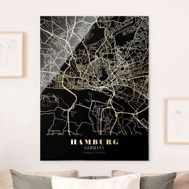 Quadros em vidro Hamburgo Hamburg City Map - Classic Black