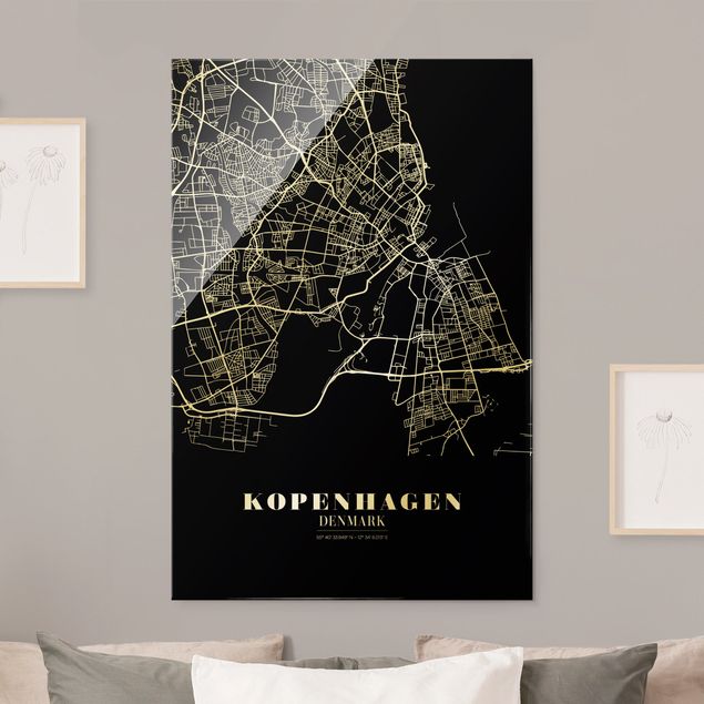Quadros em vidro em preto e branco Copenhagen City Map - Classic Black