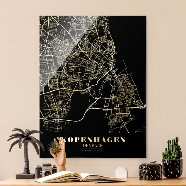 Quadros em vidro em preto e branco Copenhagen City Map - Classic Black