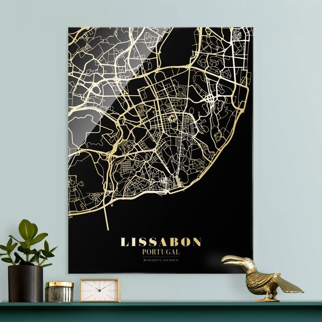 Quadros em vidro em preto e branco Lisbon City Map - Classic Black