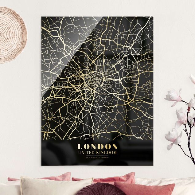Quadros em vidro Londres London City Map - Classic Black