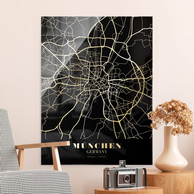 Quadros em vidro em preto e branco Munich City Map - Classic Black