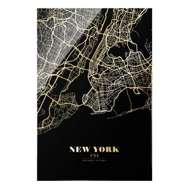 Quadros em vidro cidades e paisagens urbanas New York City Map - Classic Black