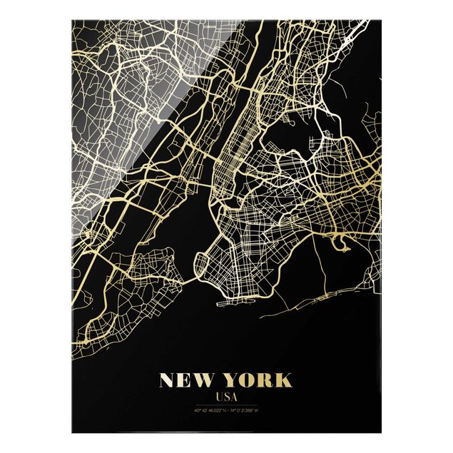 Quadros em vidro cidades e paisagens urbanas New York City Map - Classic Black