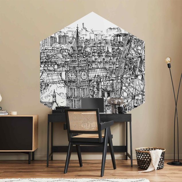 Papel de parede preto e branco City Study - London Eye