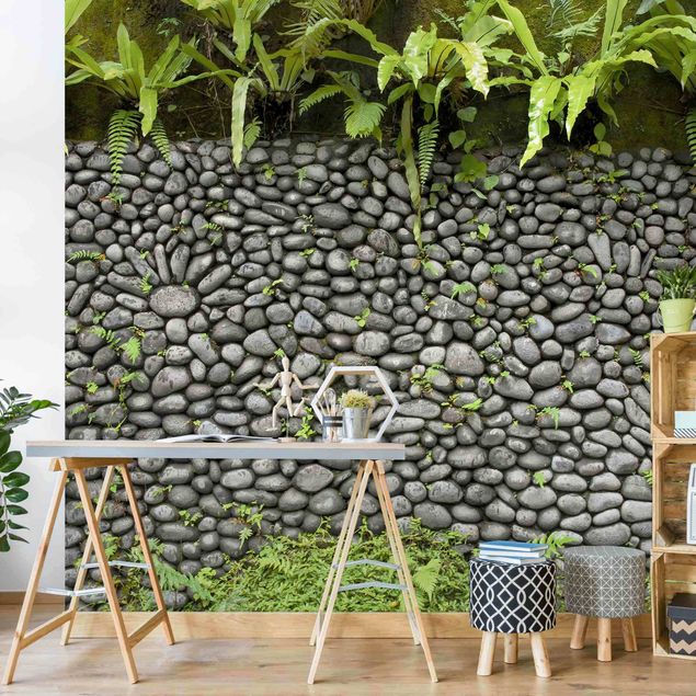 papel de parede imitando pedrinhas Stone Wall With Plants