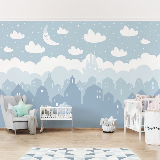 decoração quarto bebé Starry Sky With Houses And Moon In Blue
