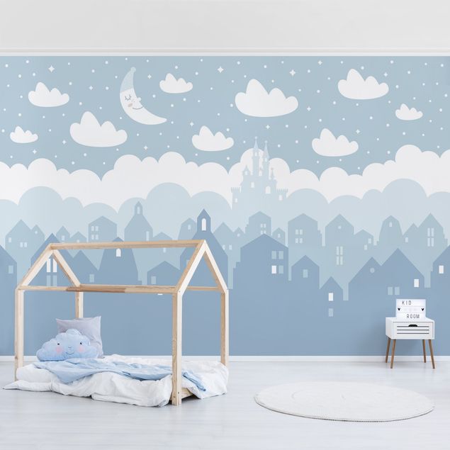 papel de parede para quarto de casal moderno Starry Sky With Houses And Moon In Blue