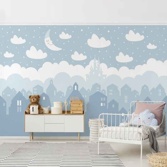 papel de parede urbano Starry Sky With Houses And Moon In Blue