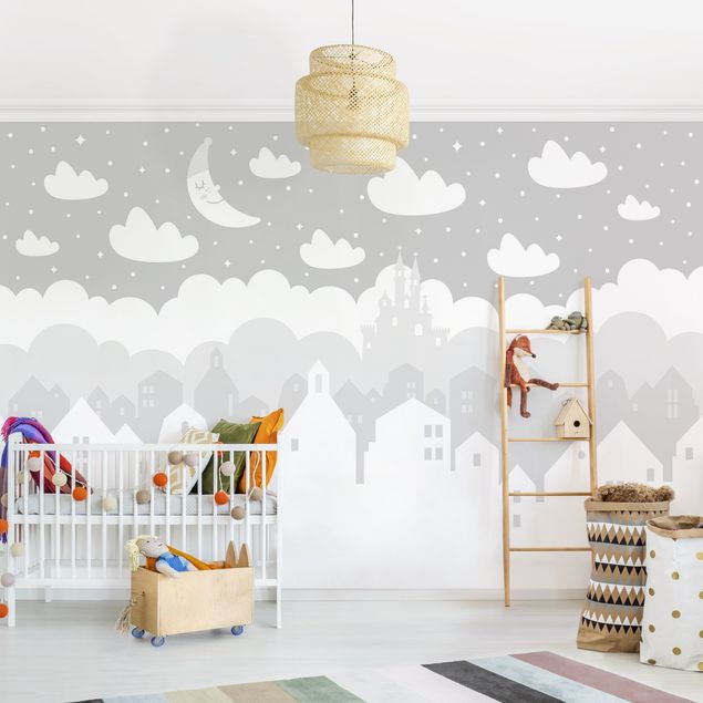 decoração para quartos infantis Starry Sky With Houses And Moon In Gray
