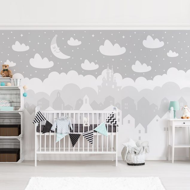Papel de parede céu Starry Sky With Houses And Moon In Gray