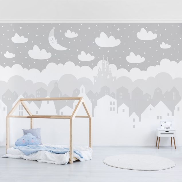 papel de parede moderno para sala Starry Sky With Houses And Moon In Gray