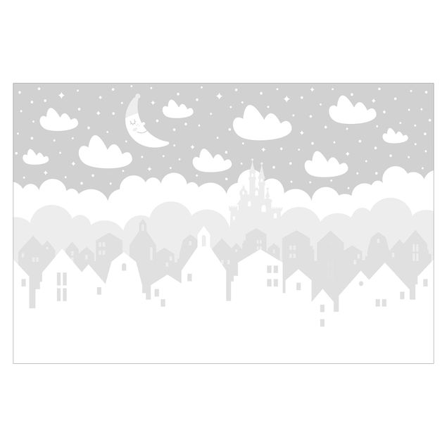 Mural de parede Starry Sky With Houses And Moon In Gray