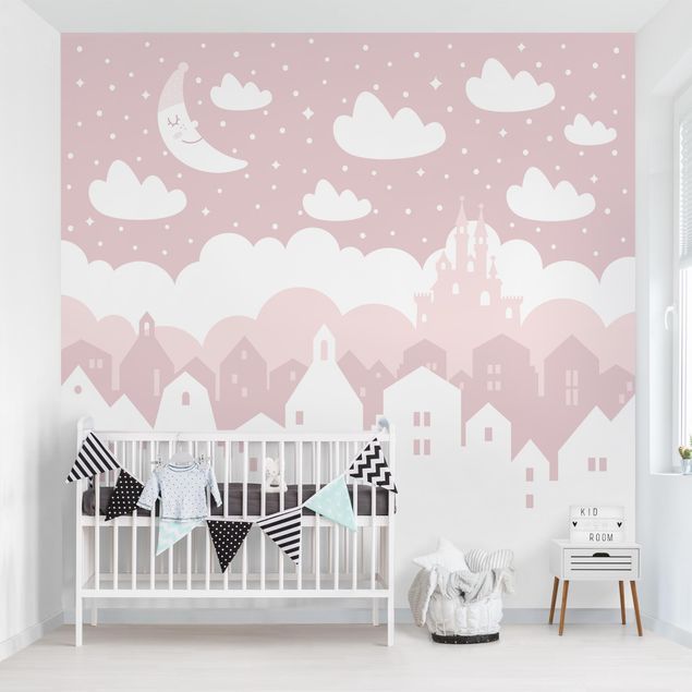 decoração para quartos infantis Starry Sky With Houses And Moon In Light Pink