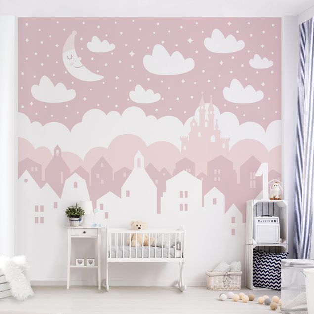 papel de parede moderno para sala Starry Sky With Houses And Moon In Light Pink