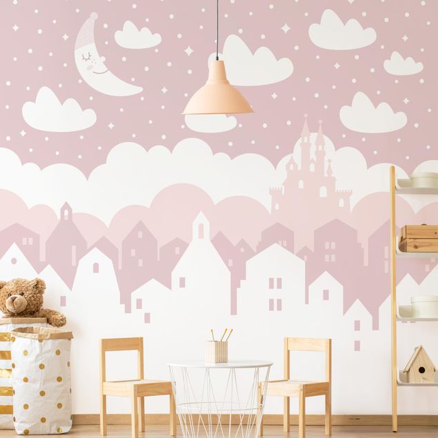 papéis de parede rosa Starry Sky With Houses And Moon In Light Pink