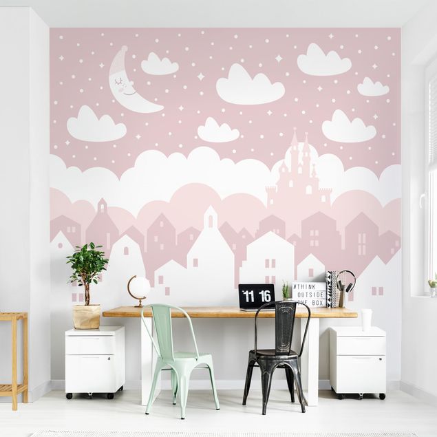 murais de parede Starry Sky With Houses And Moon In Light Pink
