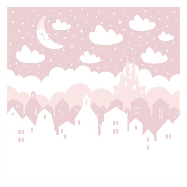 Mural de parede Starry Sky With Houses And Moon In Light Pink