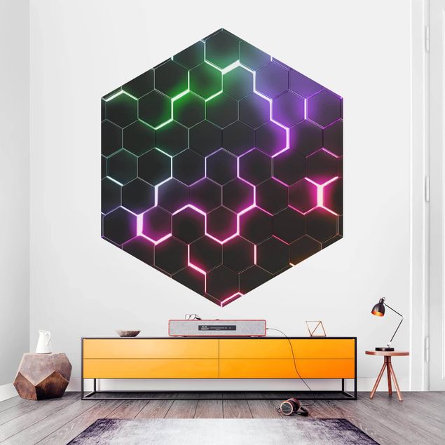 papel de parede moderno para sala Hexagonal Pattern With Neon Light