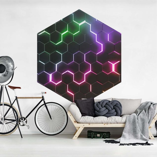 papel de parede preto absoluto Hexagonal Pattern With Neon Light