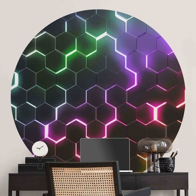 Papel de parede redondo Hexagonal Pattern With Neon Light