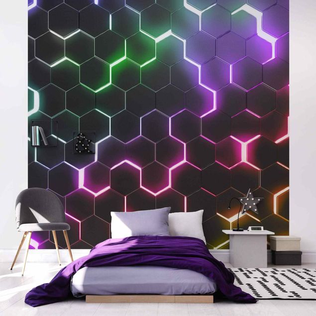 Papel de parede 3D Hexagonal Pattern With Neon Light
