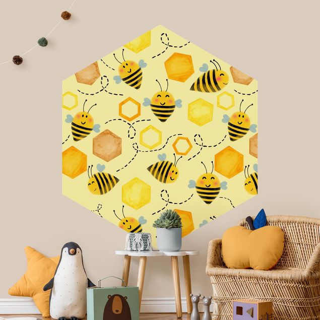papel de parede moderno para sala Sweet Honey With Bees Illustration