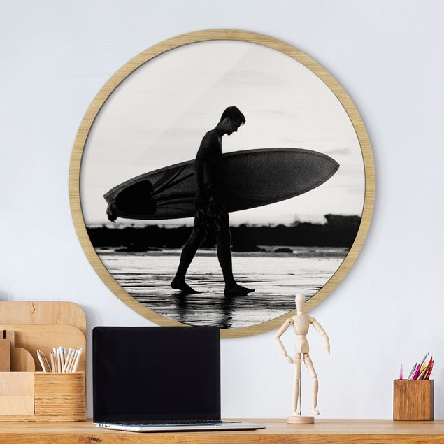 Quadros com moldura praia Shadow Surfer Boy In Profile