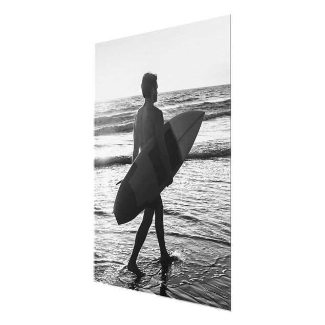 Quadros em vidro em preto e branco Surfer Boy At Sunset