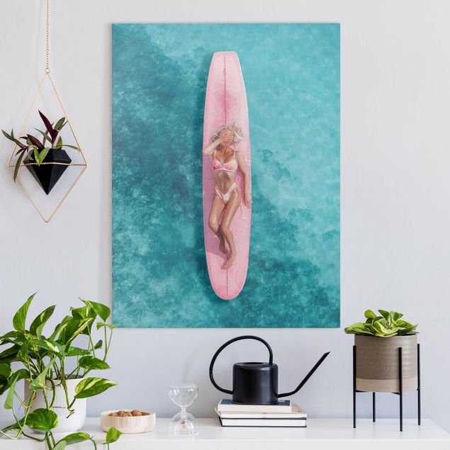 quadro com paisagens Surfer Girl With Pink Board