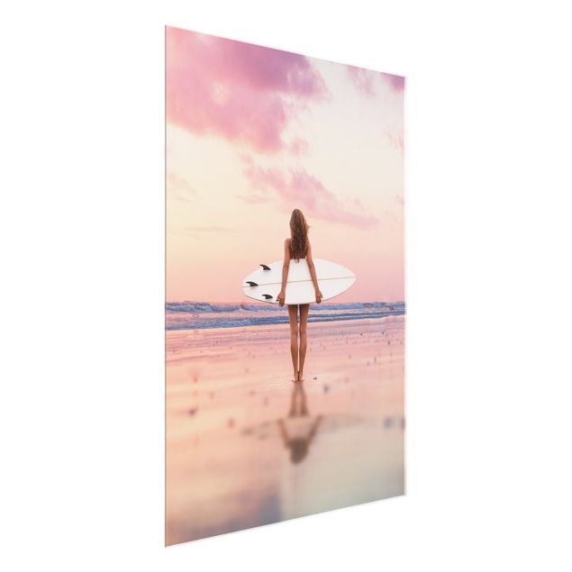 Quadros em vidro praia Surfer Girl With Board At Sunset