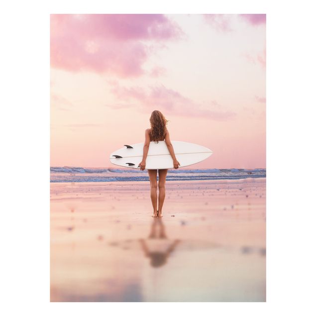 Quadros em vidro paisagens Surfer Girl With Board At Sunset