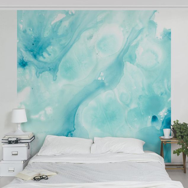 papel de parede para quarto de casal moderno Emulsion In White And Turquoise I