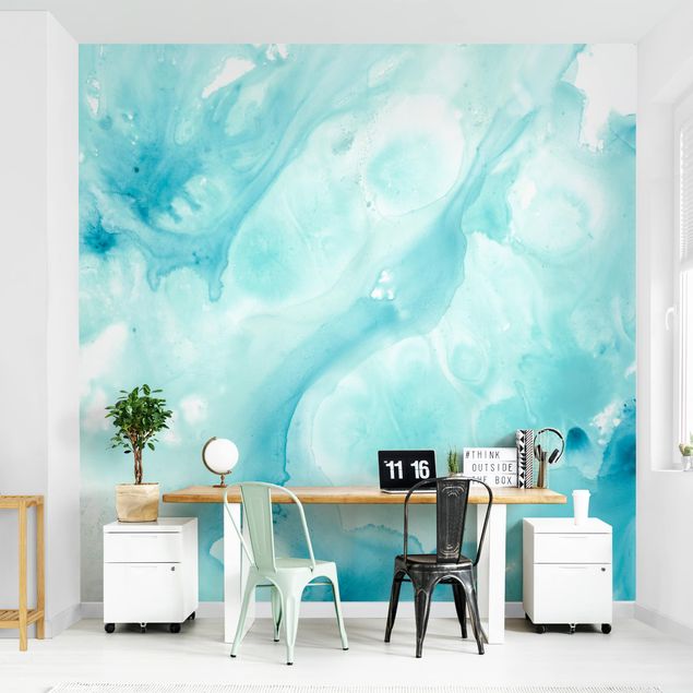 mural para parede Emulsion In White And Turquoise I