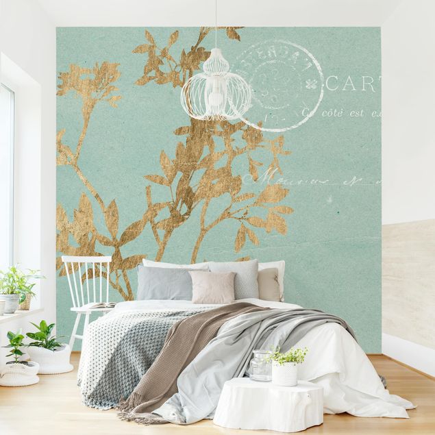 papel de parede para quarto de casal moderno Golden Leaves On Turquoise I
