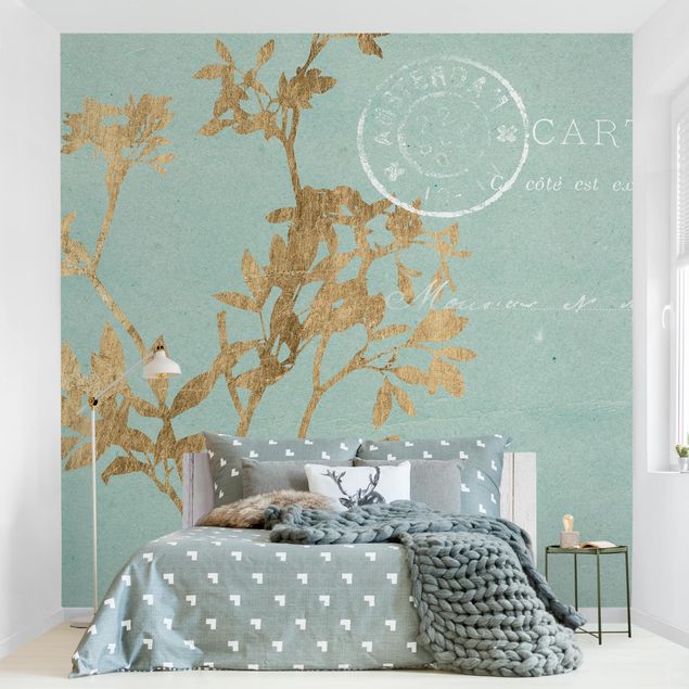 decoraçao para parede de cozinha Golden Leaves On Turquoise I