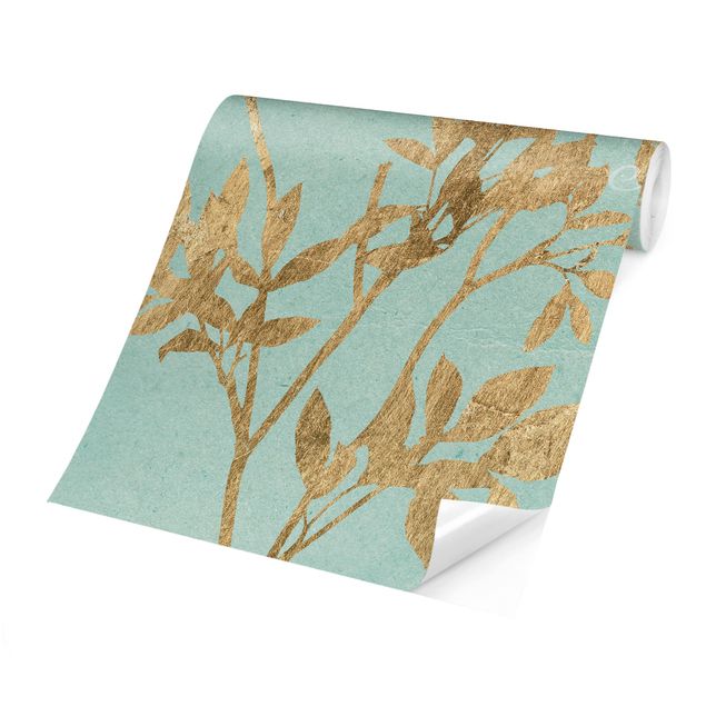 papel parede verde agua Golden Leaves On Turquoise I