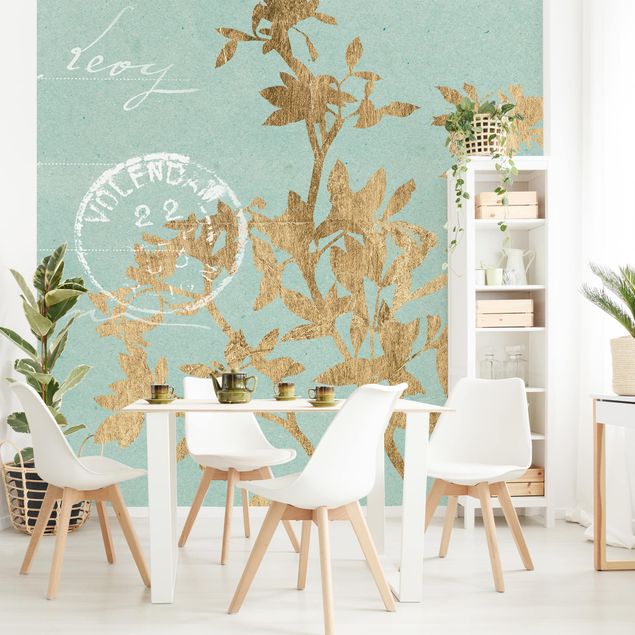Papel de parede vintage Golden Leaves On Turquoise II