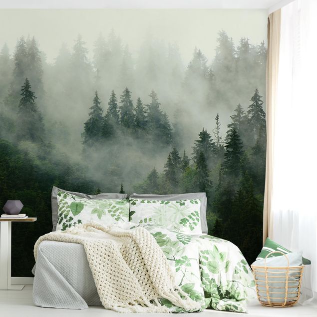 papel de parede para quarto de casal moderno Deep Green Fir Forest In The Fog