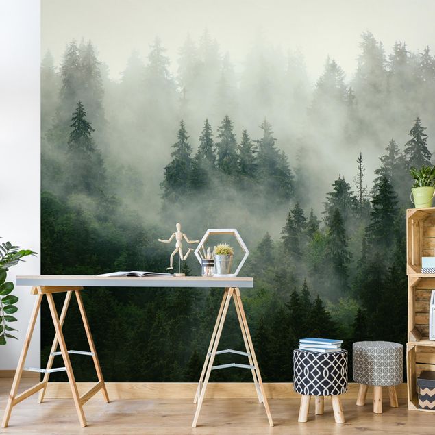 decoraçao para parede de cozinha Deep Green Fir Forest In The Fog