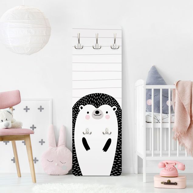 Cabides de parede em preto e branco Zoo With Patterns - Hedgehog