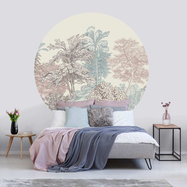 papel parede de flor Tropical Forest With Palm Trees In Pastel