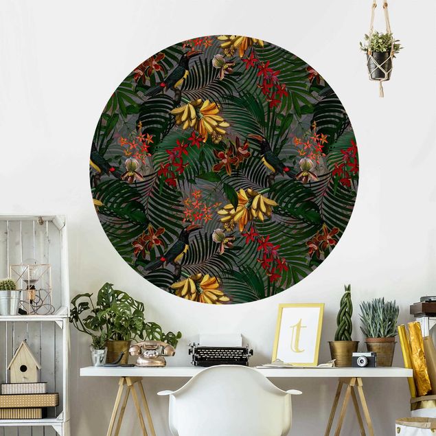 papel parede pássaro Tropical Ferns With Tucan Green