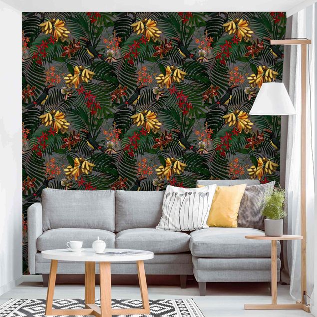 papel de parede moderno Tropical Ferns With Tucan Green