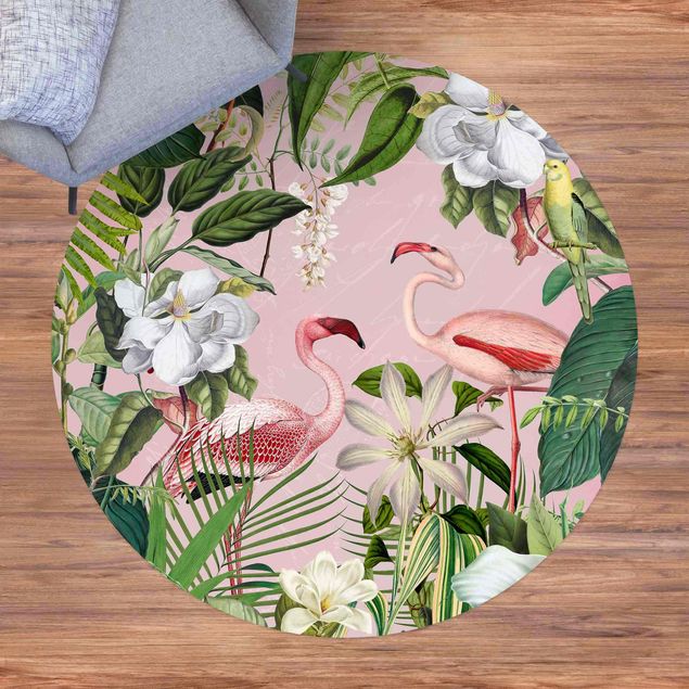 Tapete para varandas Tropical Flamingos With Plants In Pink