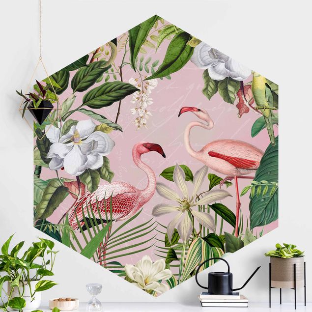 Papel de parede flamingo Tropical Flamingos With Plants In Pink