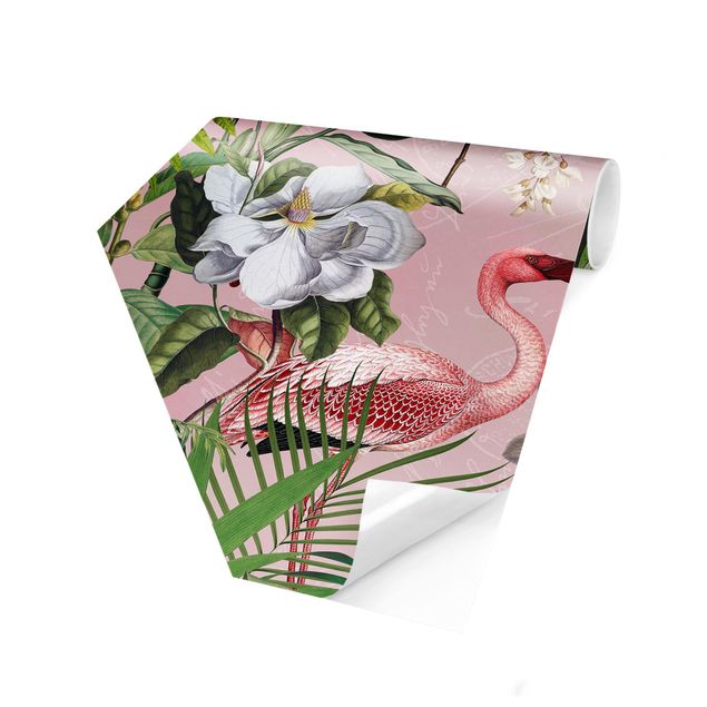 papel de parede moderno Tropical Flamingos With Plants In Pink