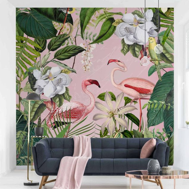 Papel de parede flamingo Tropical Flamingos With Plants In Pink