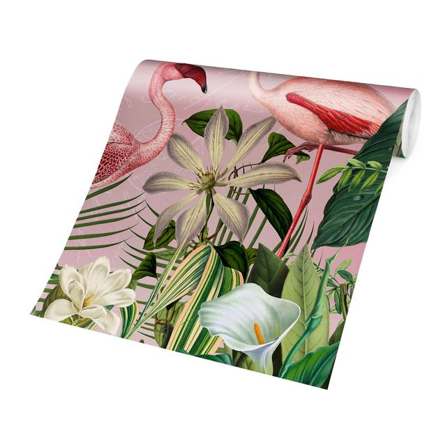 papel de parede moderno para sala Tropical Flamingos With Plants In Pink